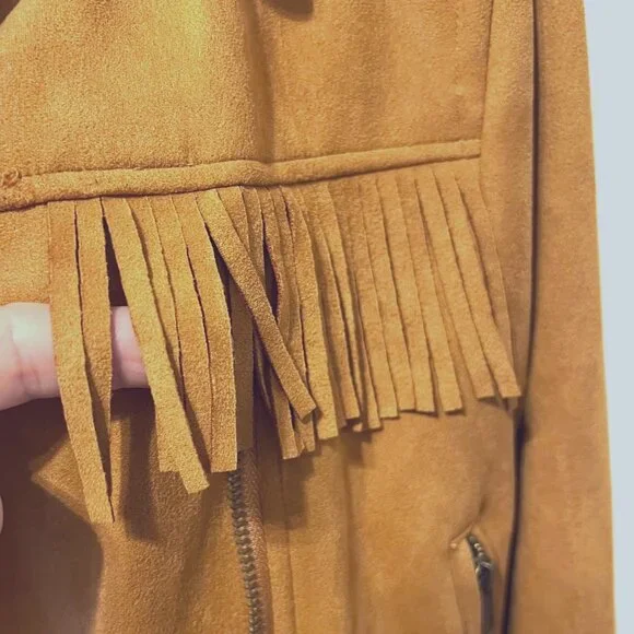 C & V Chelsea & Violet Camel Fringed Faux Suede Cuffed Sleeves-Tan/Camel-Cropped
